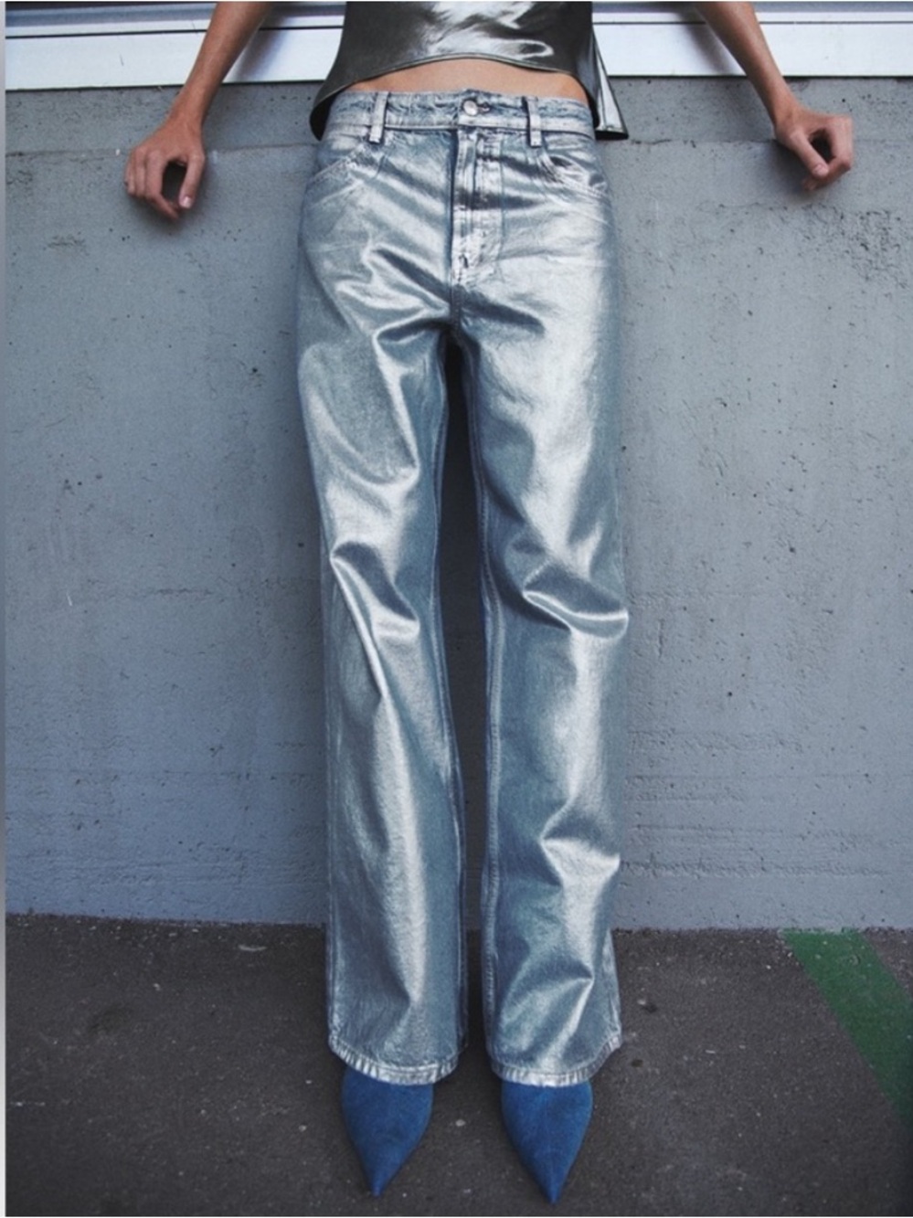 ZARA BLOGGER’S FAVORITE Metallic Jeans in Silver/Blue